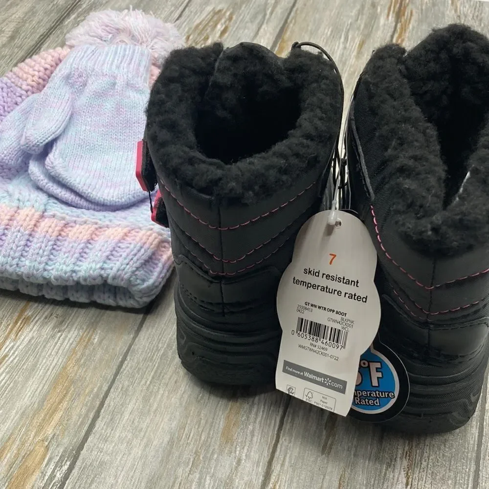 Baby Girl Warm Winter Boots & Hat With Pompom & Gloves Set Size 7